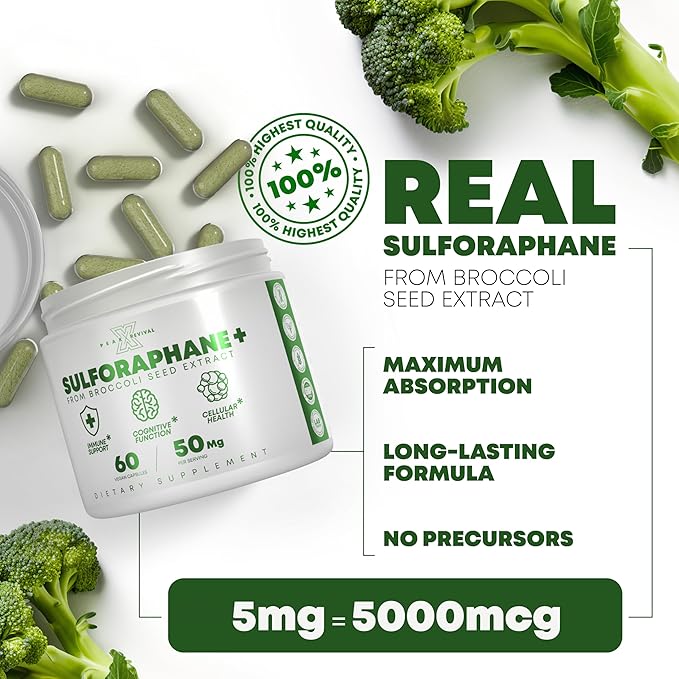 5000mcg of Real Lab-Verified Sulforaphane Supplement - Broccoli Seed Extract 50mg Supplements - Promotes Cognitive Function Liver &amp Cellular Support - 60 Vegan Capsules/Pills