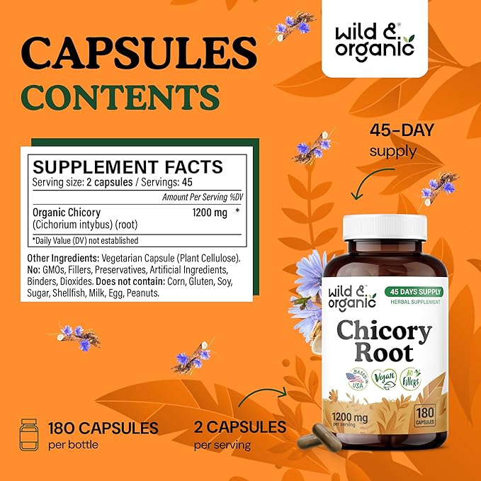 Wild &amp Organic Chicory Root Fiber Capsules - 1200 mg of Chicory Root Powder per Serving - Digestive &amp Gut Support - Inulin Prebiotic Fiber Supplement - Non-GMO Vegan Inulin Capsules - 180 Cou