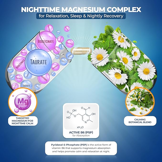 MoxyVites MagniRest PM Magnesium Complex for Women &amp Men - Magnesium Bisglycinate Taurate Active B6 &amp Calming Organic Botanicals - Chelated High Absorption - Nighttime Magnesium 60 Vegan C