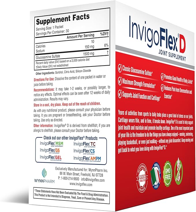 INVIGOFLEX 1500mg of Glucosamine Sulfate Powder (Classic Formulation) - Premium Joint Supplement for Knees Hands Back and Hip Support D: Glucosamine Sulfate Packets - 90 Packets (Pack of 3)