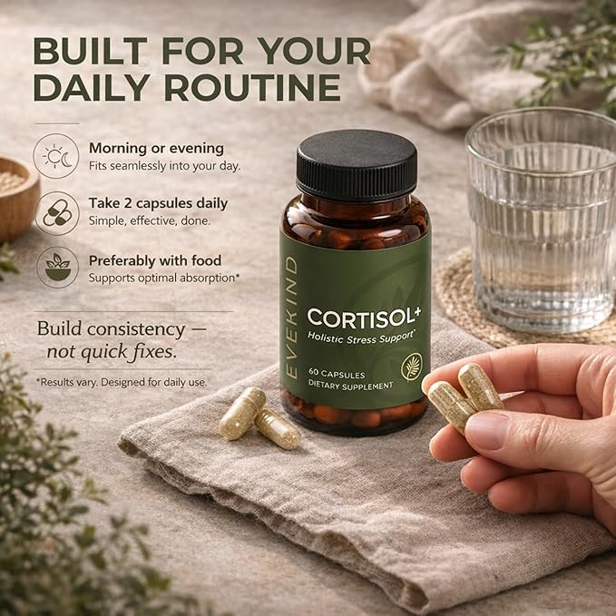 EVEKIND Cortisol Supplement for Women | Stress Support for Mood Energy &amp Hormone Balance | Calm Focus &amp Daily Reset | Adaptogen Blend with KSM-66® Ashwagandha Rhodiola L-Theanine | 60 Caps