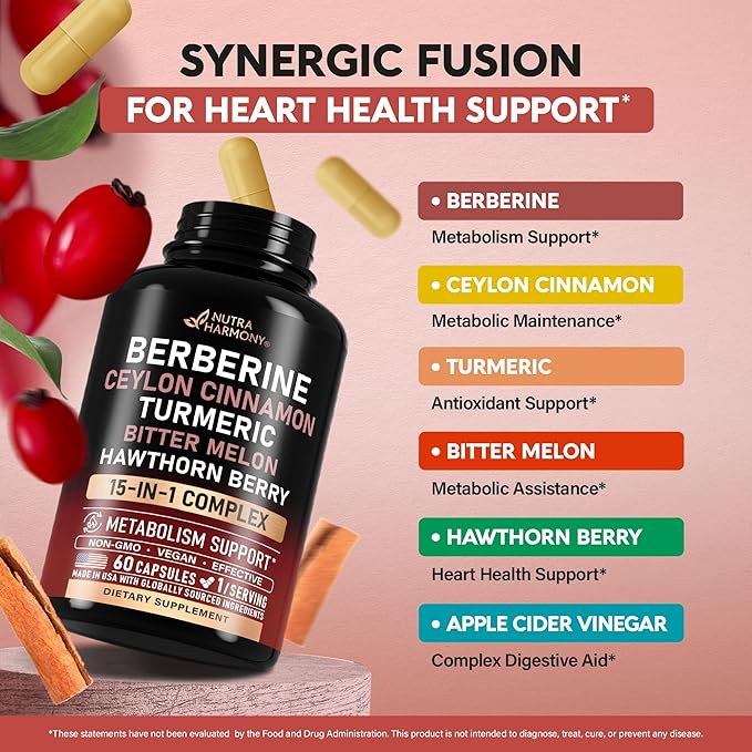 Berberine with Ceylon Cinnamon | Bitter Melon (Karela) | Apple Cider Vinegar | Hawthorn Berry | Citrus Bergamot | Turmeric - 15-in-1 Supplement for Heart Support Metabolism &amp Energy - 60 Capsules