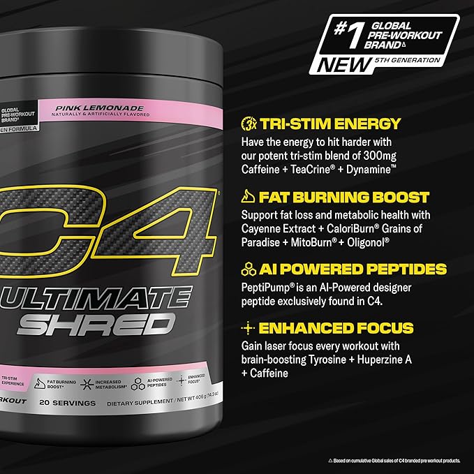 Cellucor C4 Ultimate Shred Pre Workout Powder Metabolism Supplement with Cayenne Extract+300mg Caffeine+TeaCrine+Dynamine - Pink Lemonade 20 Servings