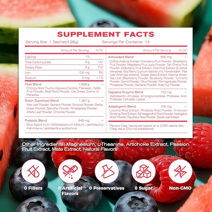 NEWELLME Happy Cleaner Digestive Supplement Powder Gut Health Drink Mix with Probiotics Digestive Enzymes &amp Fiber Supports Digestion and Bloating Watermelon &amp Berry Variety 28 Sachets (2