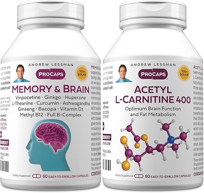 ANDREW LESSMAN Memory &amp Brain + Acetyl L-Carnitine Kit: 60 + 60 Capsules – Naturally Supports Brain Memory and Mental Acuity. with Ginkgo Biloba Bacopa Curcumin Ginseng B-Complex Vitamin D3