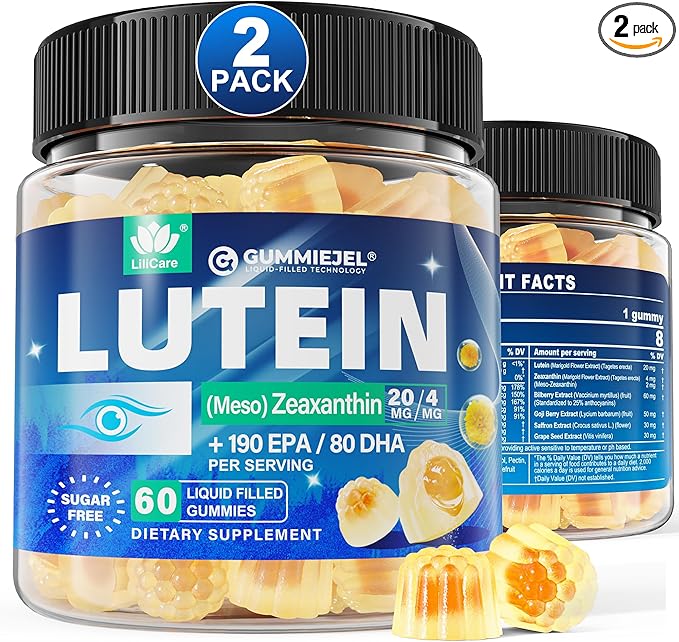 2 Pack Sugar Free Lutein 20mg 40mg and Zeaxanthin Gummies for Eyes with EPA 190mg &amp DHA 80mg Eye Vitamins Filled Gummies Plus Bilberry Goji Berry &amp Saffron Eye Health Supplements for Adults