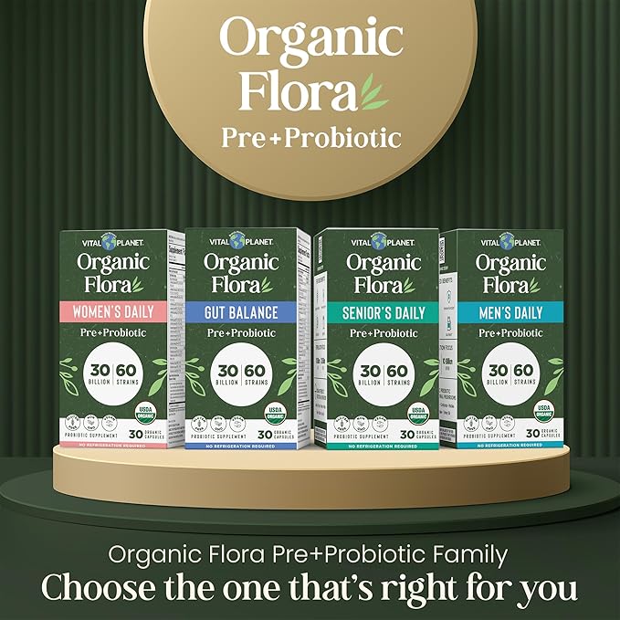 Vital Planet - Organic Flora Probiotics for Senior’s Daily Shelf Stable Probiotic 30 Billion CFU 60 Diverse Strains with Organic Prebiotics for Immune Support and Digestive Health 30 Capsules