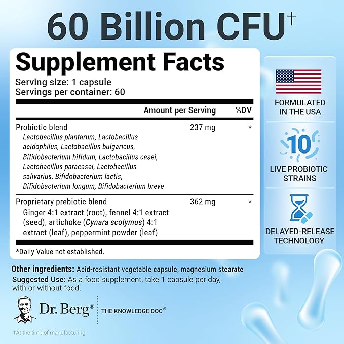 Dr. Berg Probiotic Supplement (60 Billion CFUs) - Helps Ease Occasional Constipation Diarrhea Gas &amp Bloating* - Pre and Probiotics for Digestive Health - 60 Probiotic Capsules