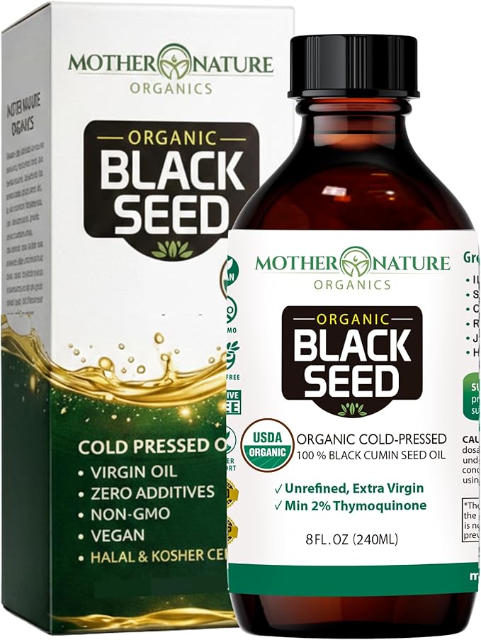 Mother Nature USDA Organic Black Seed Oil High TQ 2% Cold Pressed Unrefined Nigella Sativa Omega 3 6 9 for Immune Joint &amp Heart Support Hair &amp Skin Non-GMO Glass Bottle (8oz)