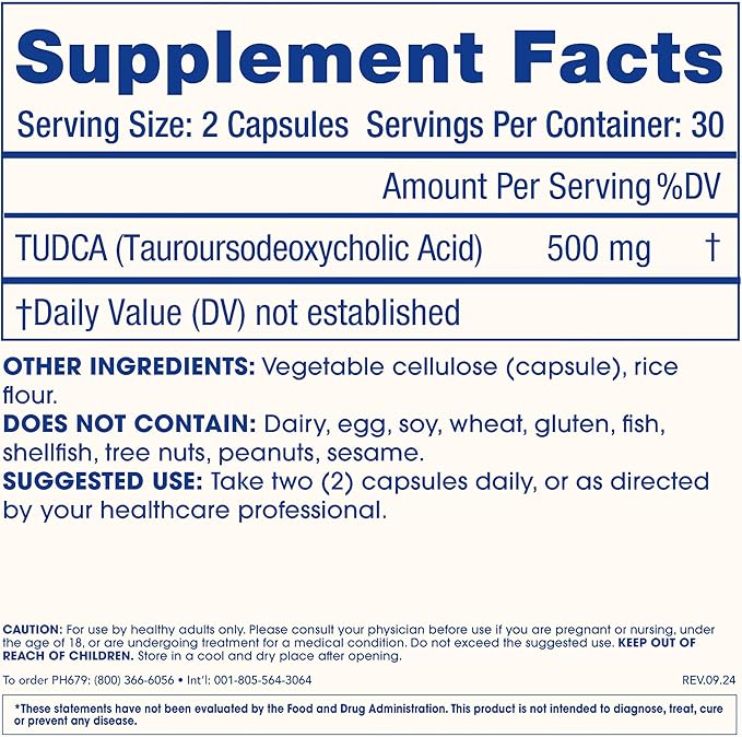 ProHealth Pure TUDCA | Clinically Studied | Third-Party Tested | 500 mg per Serving 60 Capsules