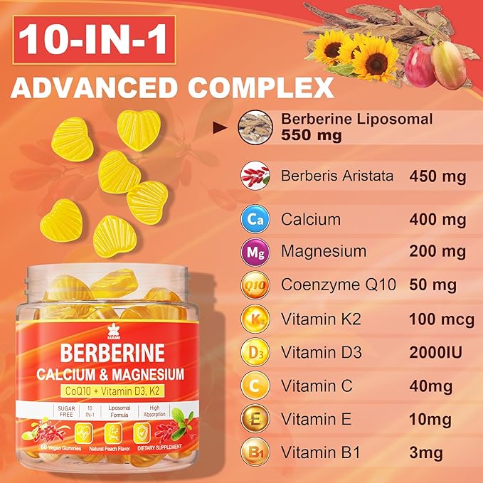LILICARE Berberine Supplement Gummies Sugar Free Extra Absorption with Liposomal Berberine &amp Berberine HCI Calcium Magnesium AMPK Activitor for Sugar &amp Level Immune Energy Metabolism -P