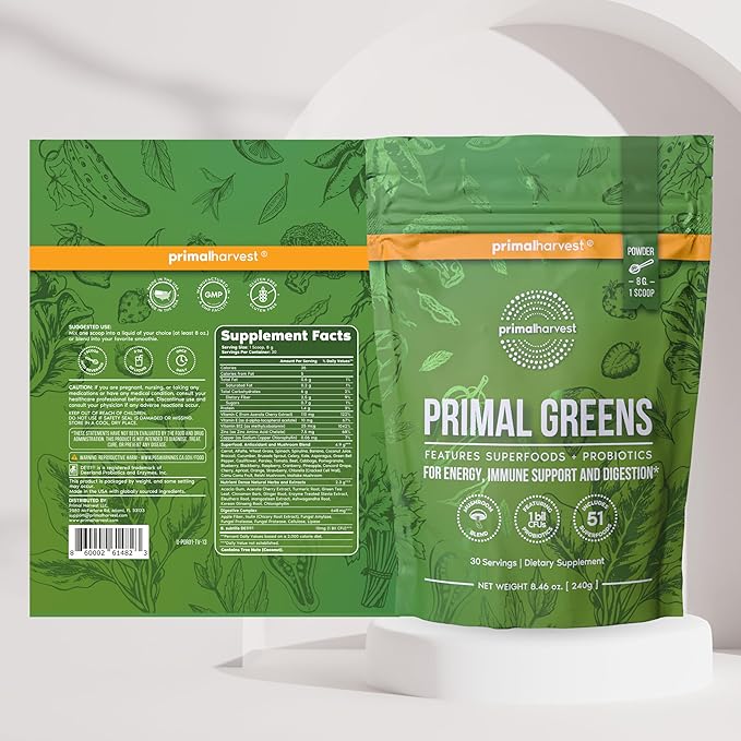 Primal Creatine Powder + Super Greens Powder Bundle | 2-Pack | Build Strength Boost Recovery &amp Support Wellness | 30 Servings Each