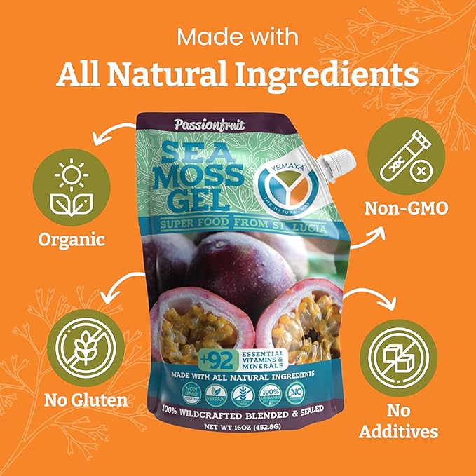 Yemayá Organic Sea Moss Gel Organic Raw | Wildcrafted Sea Moss Gel Enhanced with Real Fruit Boost Immunity Energy Digestion Hair Skin &amp Nails - 16 oz Passionfruit Flavor