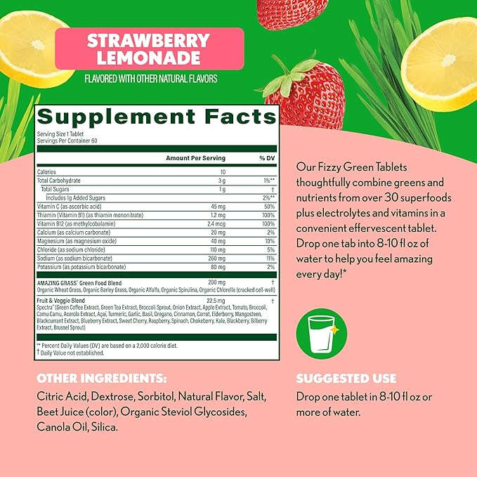 Amazing Grass Electrolyte Tablets Fizzy Greens Water Flavoring Tablet with Vitamins Hydrate Strawberry Lemonade 10 Count (Pack of 6) (Packaging May Vary)