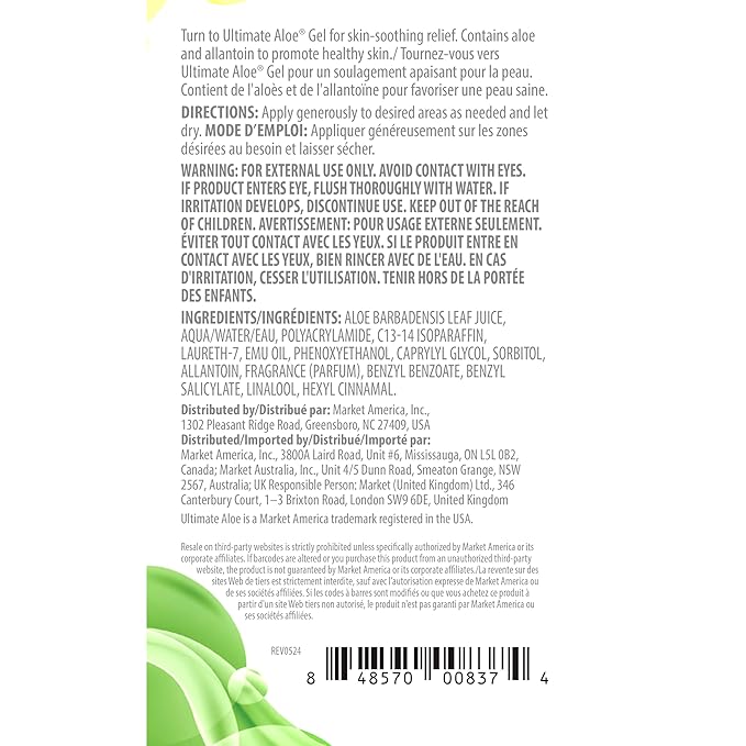Ultimate Aloe Gel Contains Enzymes Amino Acids Vitamins and Minerals Relieves Sunburn Relieves Dry Skin Insect Bites Irritations and Minor Scrapes Market America (4 oz./116 ml)