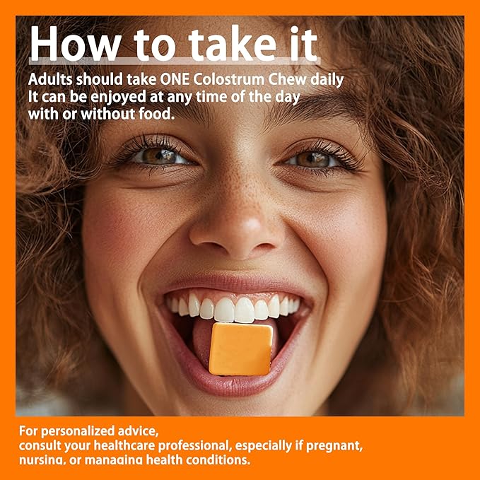 Colostrum Chews Supplement with probiotics for Gut Health Bloating Immune Support Skin Hair Growth and Beauty - Orange Flavor (60 Servings)