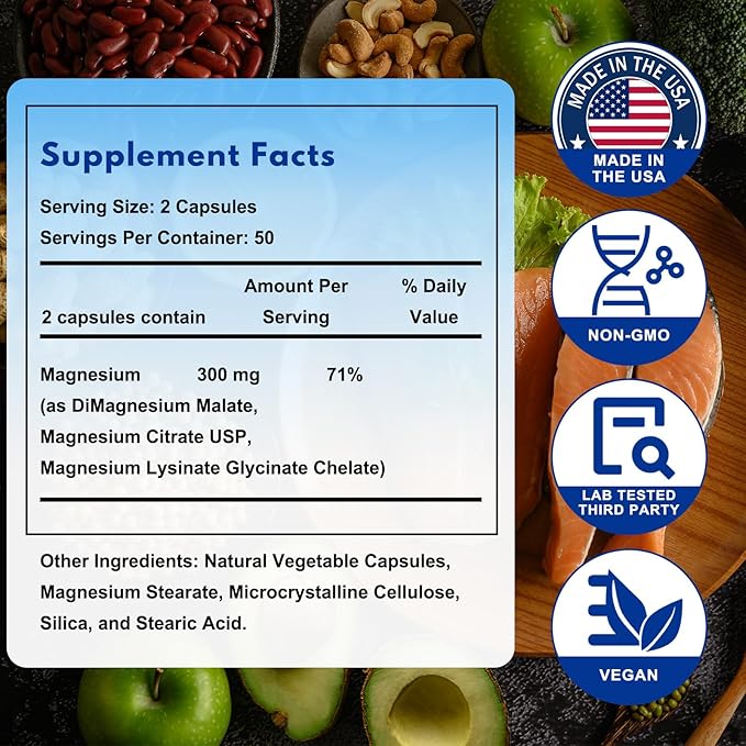 Reacted Magnesium &amp Potassium - High Absorption Magnesium Supplement with Magnesium Citrate Glycinate Malate - Supports Sleep Muscles Heart Health - 100 Capsules