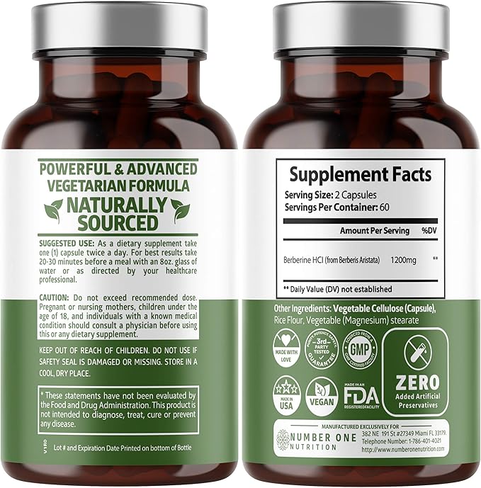 Berberine HCl Supplement 1200mg Pure Berberis Aristata Capsules to Support Metabolic Health Digestive Wellness and Cellular Antioxidant Support Non-GMO Vegetarian 120 Capsules 2-Month Supply