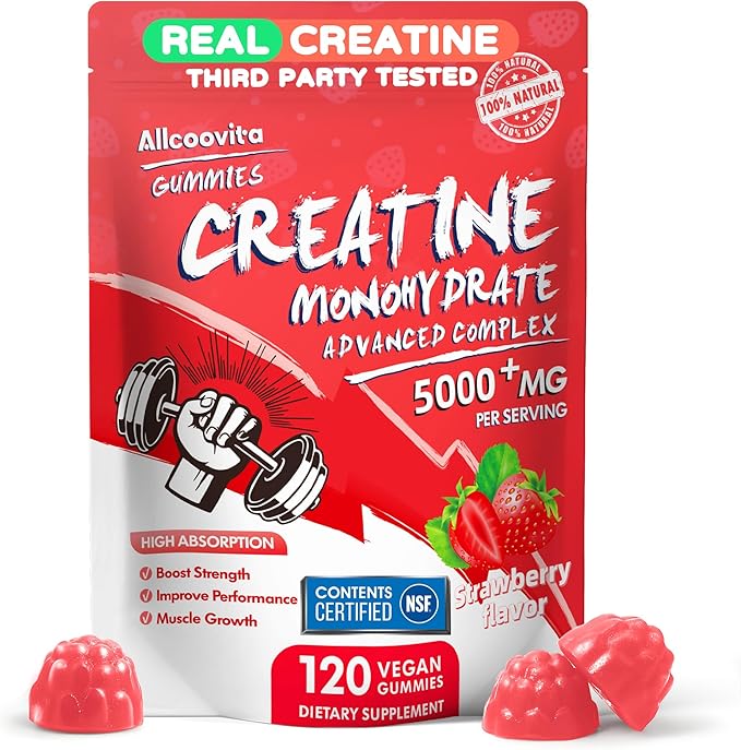 NSF Certified Creatine Gummy - Creatine Monohydrate Gummies 5000mg for Men &amp Women -120 Gummies Advanced Formula Muscle Strength Muscle Builder Energy Boost Pre-Workout Supplement-Strawberry