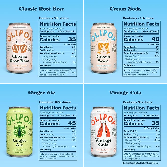 OLIPOP Prebiotic Soda Pop Classic Soda Variety Pantry Pack Packed with Prebiotics Fiber and Botanicals Gluten Free Vegan GMO Free 12oz (12-Cans) (Pack of 2)