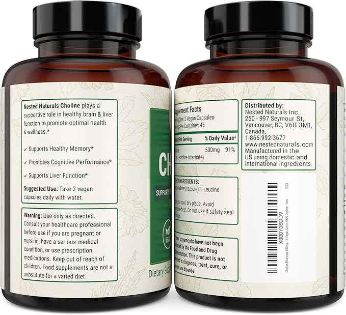 Nested Naturals Choline Bitartrate 500mg | High Potency Choline Supplements | Supports Cognitive Performance &amp Liver Function | 100% Vegan &amp Non-GMO | (3-Pack)