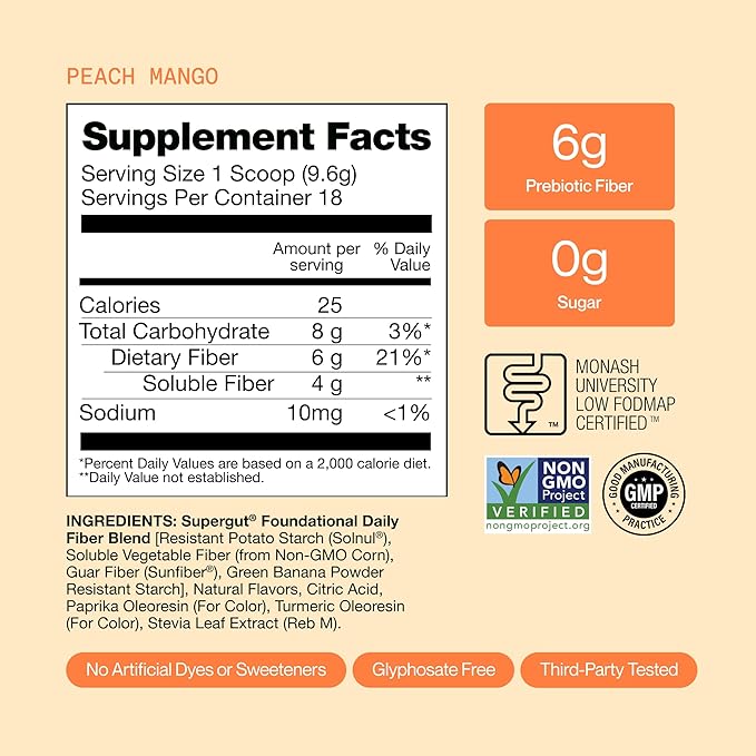 Supergut Foundational Daily Fiber Powder Sugar Free &amp Vegan Prebiotic Fiber Blend for Gut Health &amp Digestive Support Supplement for Men &amp Women with Solnul &amp Sunfiber Peach Mango 1