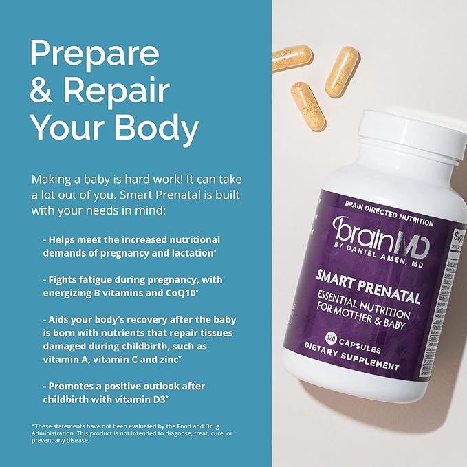 BRAINMD Dr Amen Smart Prenatal - 120 Capsules - Multivitamin for Mom &amp Baby Promotes Healthy Pregnancy &amp Growth &amp Development in Babies - Gluten-Free - 30 Servings