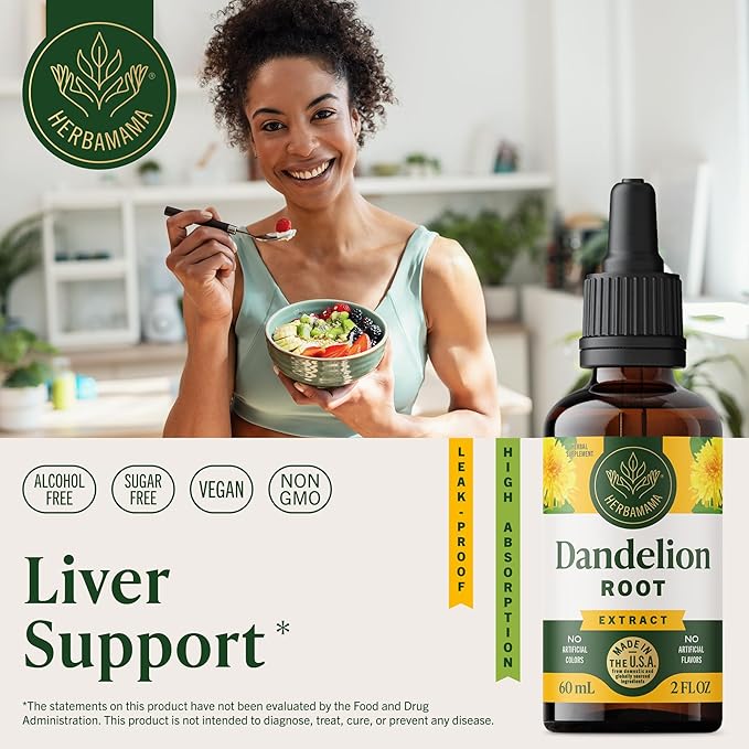 HERBAMAMA Dandelion Root Extract for Liver Detox – Lymphatic Drainage Drops – Dandelion Root Supplement – Non-GMO Alcohol &amp Sugar-Free Liver Support Supplement - 28-Day Supply