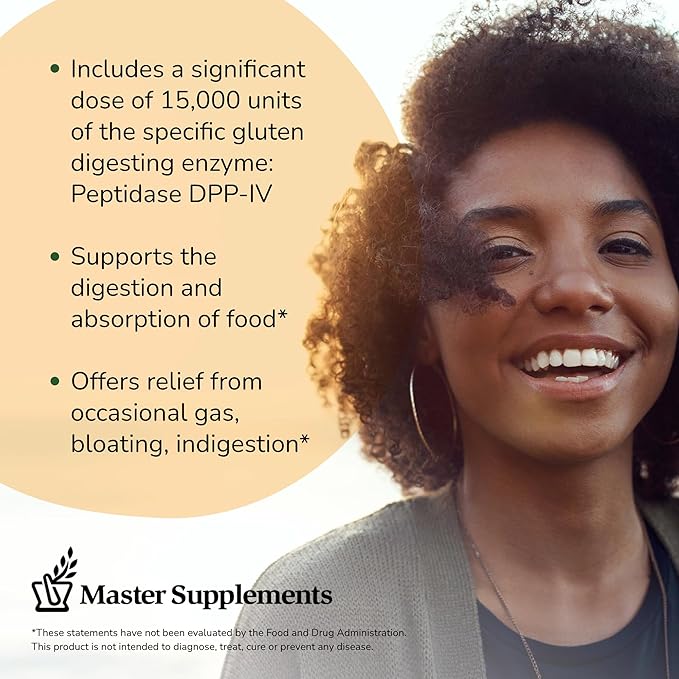 Master Supplements GlutaStim - 30 Vegetable Capsules - Gluten Digestion Support - Provides Digestive Support + Gas &amp Bloating Relief - Vegan Gluten Free - 30 Servings