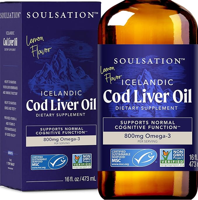 SOULSATION Icelandic Cod Liver Oil Liquid Lemon (16oz) - Vitamins A &amp D EPA &amp DHA - Helps Vision Skin Membranes &amp Immune Function - MSC Certified Non-GMO
