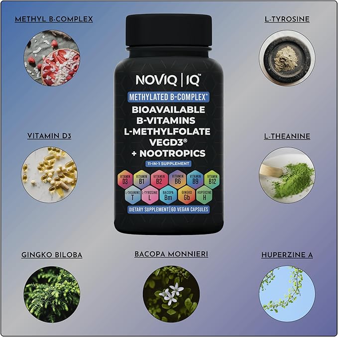 11-in-1 Methylated B-Complex Supplement: 680mcg L-Methylfolate(5-MTHF) Thiamine(B1) Riboflavin(B2) Pyridoxal(B6) Methylcobalamin(B12) - VegD3® + Nootropics - 1100mg+ Serving - 60 Count