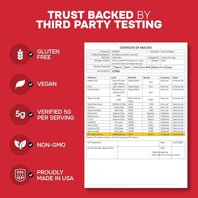 3rd Party Tested Creatine Gummies 5g per Serving Creatine Monohydrate Strength and Recovery Vegan and Gluten Free Strawberry 120 Count (30 Day Supply) Made in USA