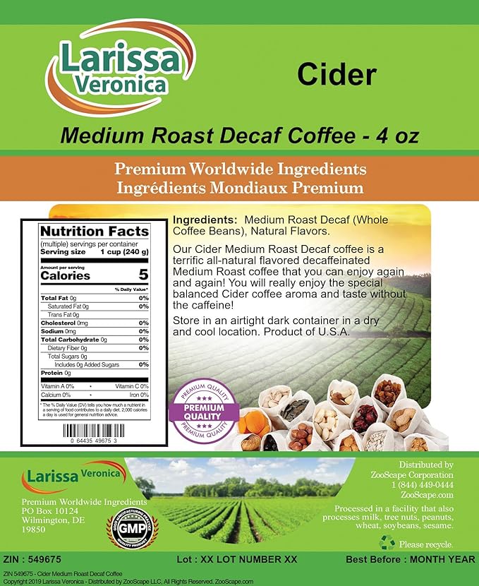 Cider Medium Roast Decaf Coffee (Gourmet Naturally Flavored Whole Coffee Beans) (4 oz ZIN: 549675) - 3 Pack