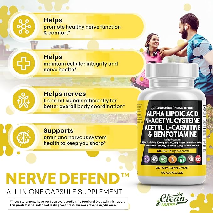 Alpha Lipoic Acid 600mg N-Acetyl Cysteine 600mg Acetyl L-Carnitine 500mg Benfotiamine 300mg - Nerve Support Supplement for Women and Men with Vitamin B1 B6 &amp B12 - Made in USA 90 Caps (Pack of 2)