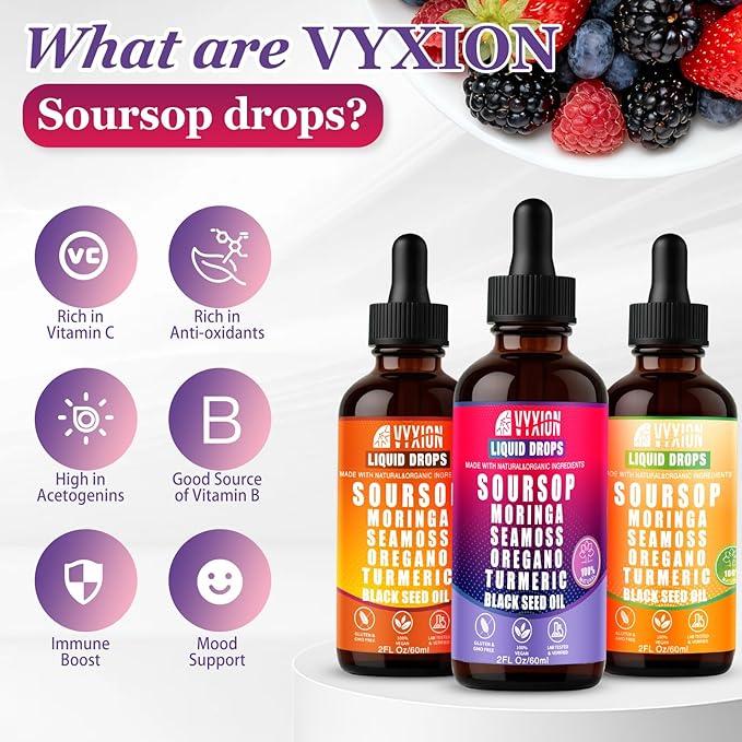 Vyxion Soursop Bitters Liquid Drops 10 in 1 with Sea Moss Ashwagandha | Original &amp Mixed Berry Flavor Combo | 2-Pack (2 Fl Oz Each) | Herbal Extracts for Overall Health | Vegan Non-GMO Gluten-F