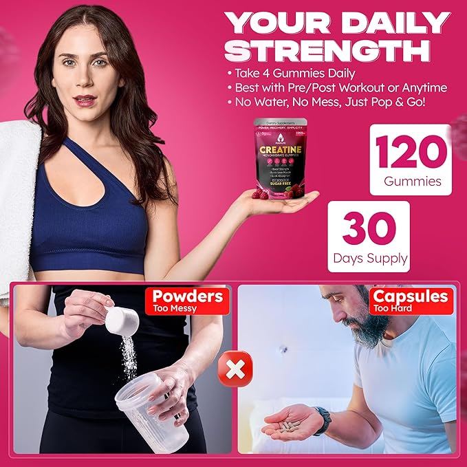 Creatine Monohydrate Gummies 5000mg – 5g per Serving – Sugar Free Vegan Creatine Supplement for Men &amp Women – Muscle Growth Strength Recovery &amp Energy – 120 Count Mixed Berry Flavor