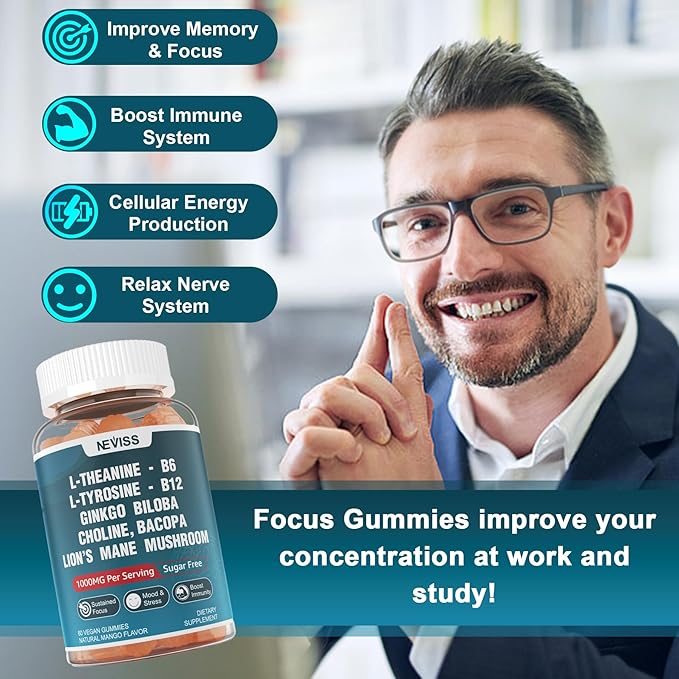 Sugar Free L-Tyrosine Gummies 300mg L-Theanine 200mg Vitamin B6 100mg &amp B12 500mcg Brain Health Herbs 300mg w/Ginkgo Biloba Rhodiola Rosea Lion's Mane Mushroom for Sustained Focus &amp Energy