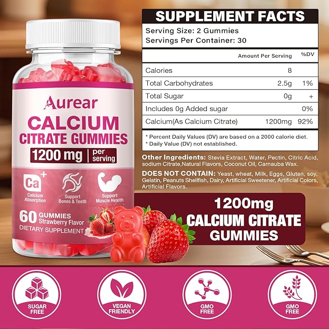 Calcium Citrate Gummies - Strawberry Flavor 1200mg High Potency Supports Bone Muscle &amp Overall Wellness for Men Women &amp Seniors 60 Count Chewable Calcium Supplement (Pack of 2)