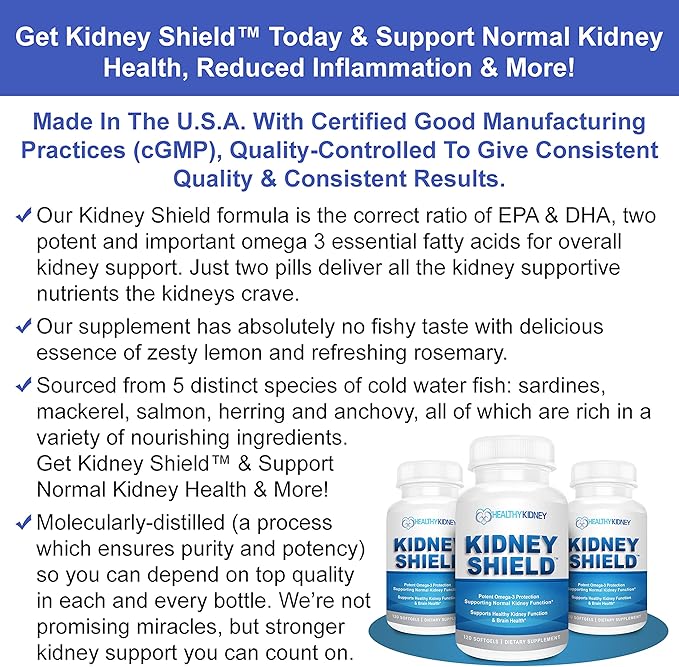 Kidney Shield Omega 3 Fish Oil Supplements - DHA EPA Omega 3 Supplement for Women &amp Men Kidney Health - Omega3 to Support Normal Kidneys Function &amp Cleanse Detox &amp Repair - 120 Lemon Soft