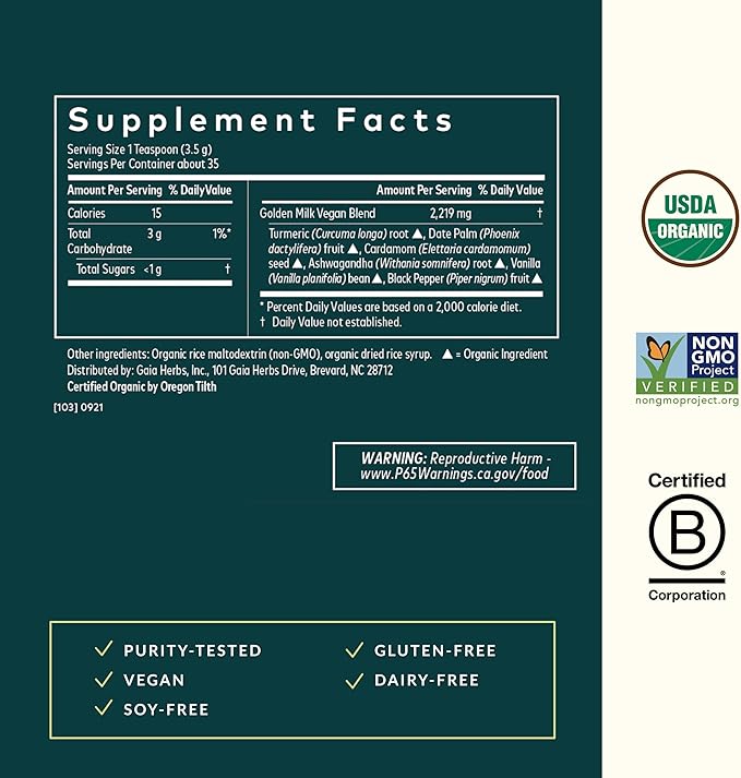 Gaia Herbs Golden Milk - Traditional Relaxation Support Supplement Powder with Organic Turmeric Black Pepper Ashwagandha Cardamom &amp More for an Ayurvedic Cup of Calm* - 4.3 Oz (About 35 Serving