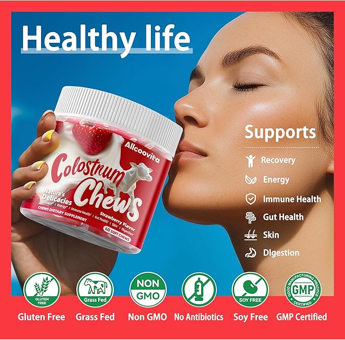 Bovine Colostrum Chews Supplement with probiotics for Gut Health Bloating Immune Support Skin Hair Growth and Beauty - Strawberry Flavor (60 Servings)