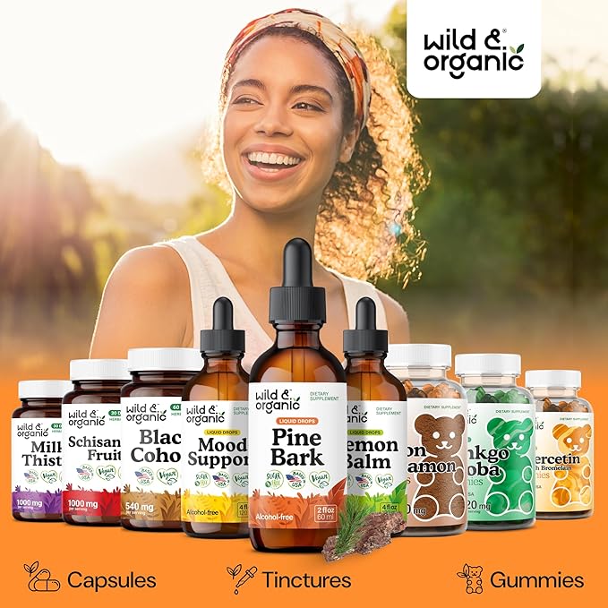 Wild &amp Organic Pine Bark Extract Tincture - Antioxidant Support - Pinus Pinaster Supplements - French Maritime Bark Liquid Drops - 2-Month Supply - Vegan Alcohol &amp Sugar-Free - 2 fl oz