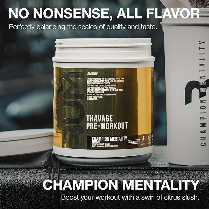 RAW Pre Workout Powder Thavage (Champion Mentality) - Chris Bumstead Sports Nutrition Supplement for Men &amp Women - Cbum Pre Workout for Working Out Hydration Mental Focus &amp Energy - 40 Serv