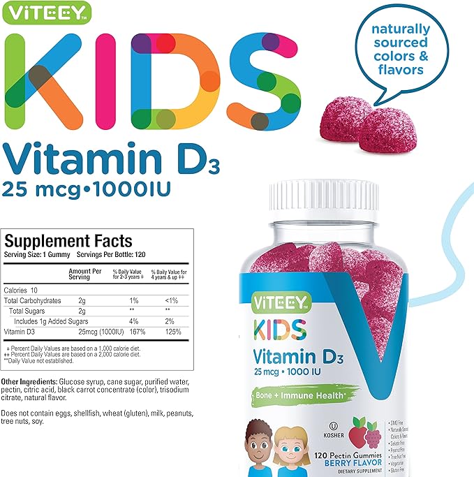 Viteey Vitamin D3 Kids Gummies 25mcg 1000 IU - Bone Health Immune Health Joint Muscle Support - Vegetarian Gelatin Free Gluten Free GMO Free - Tasty Chewable Berry Flavored