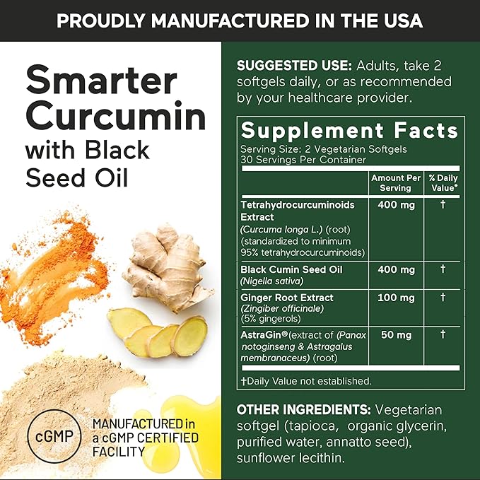SMARTERNUTRITION Curcumin Softgels - Vegan High Absorption 400 mg Turmeric Supplement + Black Seed Oil &amp Ginger - 95% Tetrahydrocurcuminoids Non-GMO USA Manufactured - 60 Ct[30 Servings]