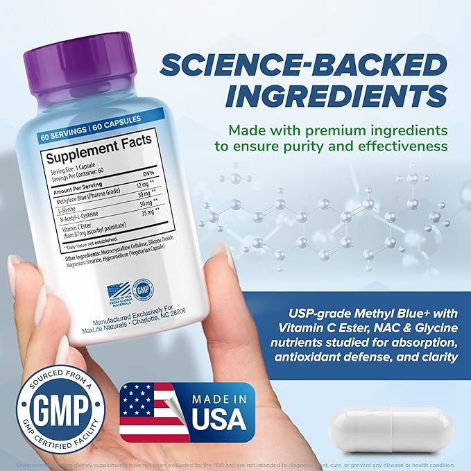 MaxLife Naturals Pure Methylene Blue Capsules Ultimate Methylene Blue Pharmaceutical USP - Grade 12mg 60 Capsules with Vitamin C Ester &amp NAC Glycine Supports Cellular &amp Cognitive Function Mad