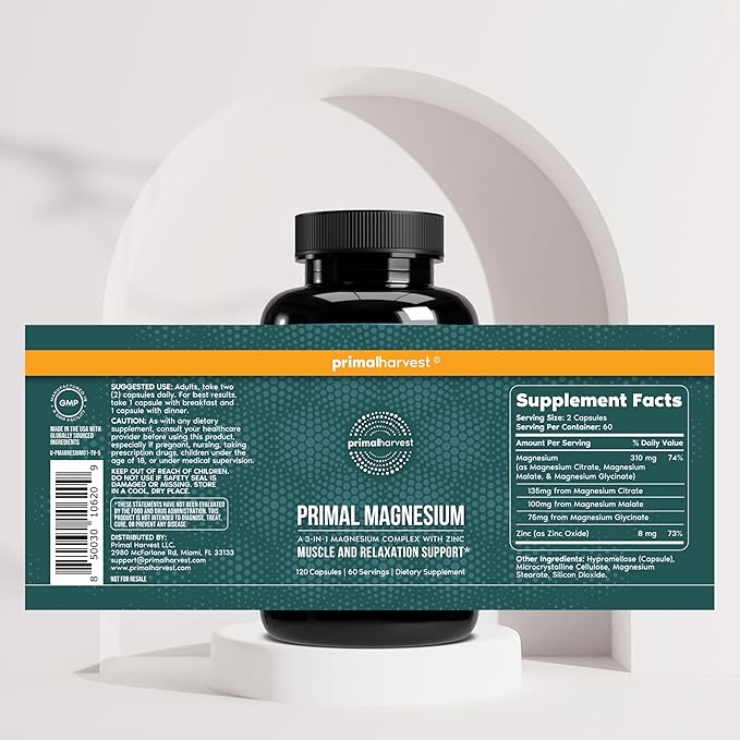 Primal Harvest Magnesium Supplement Complex 310mg by Primal Harvest with Magnesium Glycinate Citrate Malate and Zinc 2 Pack 240 Capsules