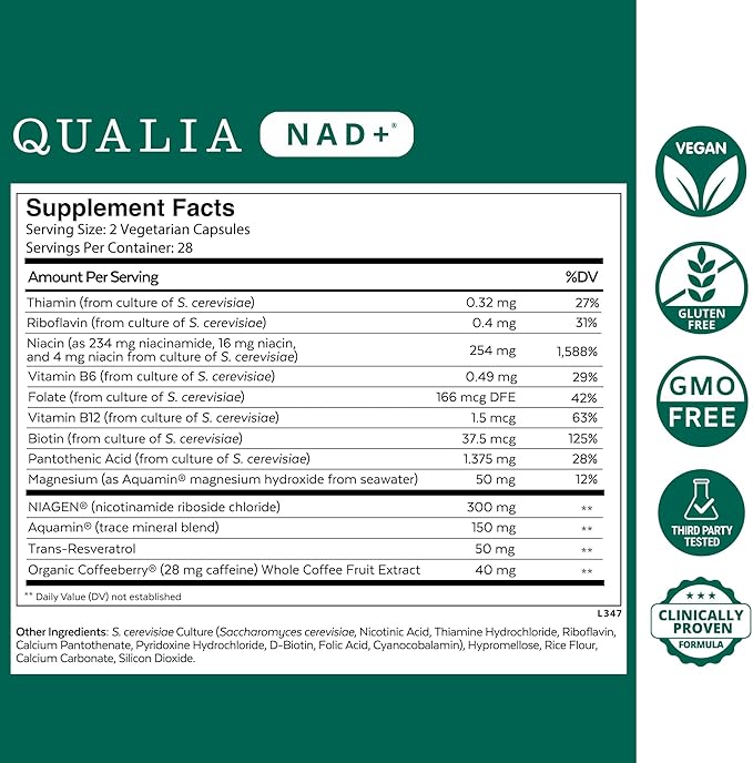 Qualia NAD Supplement — Clinically Proven to Boost NAD+ up to 67%. Optimized Aging Energy Focus. Elite NAD+ Booster Ingredients Nicotinamide Riboside (NIAGEN) Niacin Niacinamide (1 Month Supply)