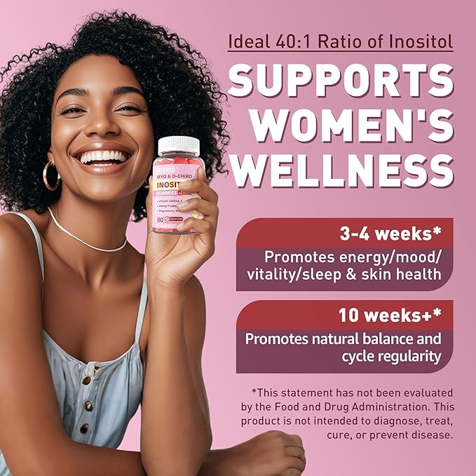 Myo-Inositol &amp D-Chiro Inositol Gummies for Women 2000mg + 50mg 40:1 Ratio Inositol with Vegan Omega-3 + D3 Magnesium Glycinate Methyl Folate + B12 for Female Health &amp Wellness Sugar Free