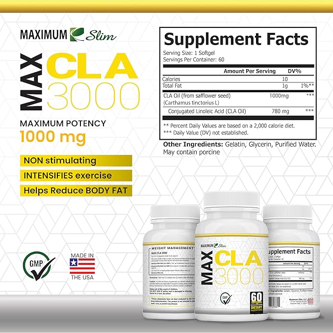 Maximum Slim MAX CLA 3000 High Potency Natural Weight Loss Exercise Enhancement Increase Lean Muscle Mass Non-Stimulating Non-GMO 95% Pure CLA 90 Count